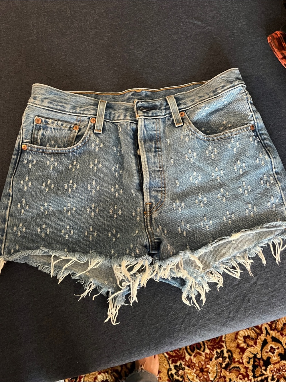 Light Blue Patterned High-Rise Denim Cutoff Shorts